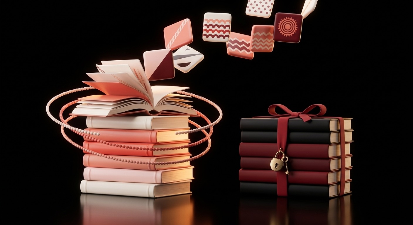 Open books turning into tiles on the left; closed books tied with a ribbon and a lock on the right