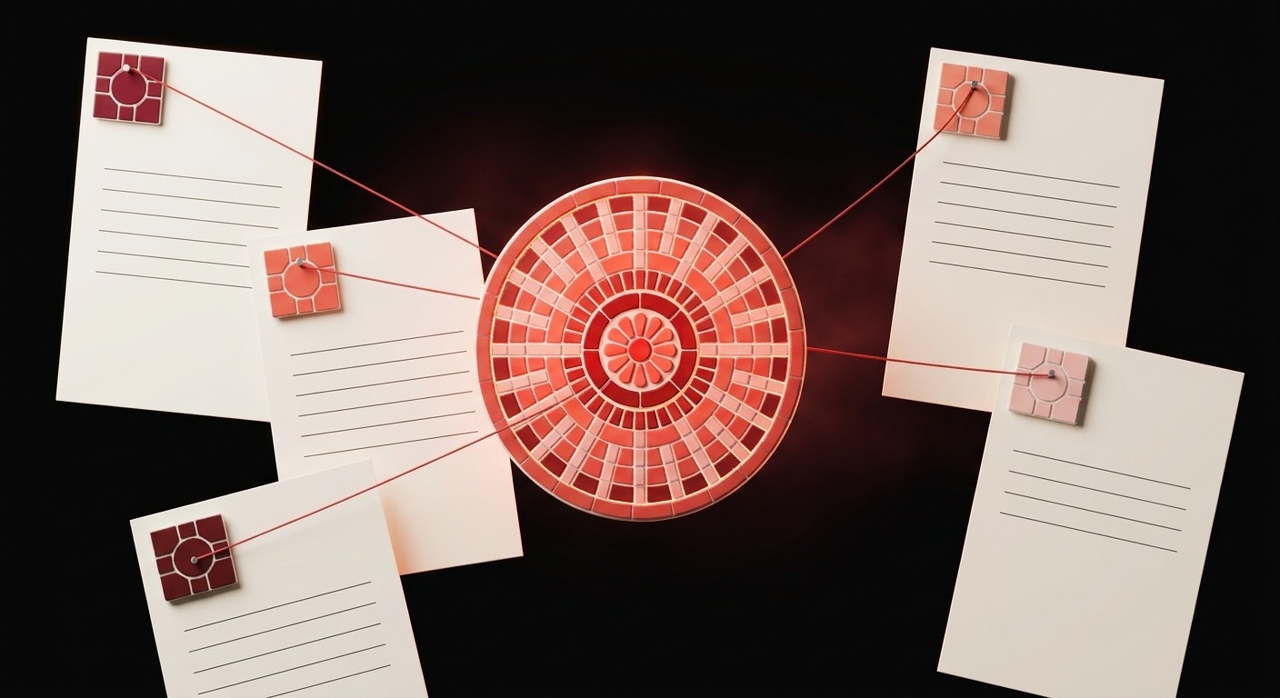 Loose pages tied by red threads to one glowing tile